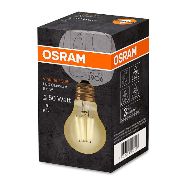 Светодиодная лампа OSRAM Vintage 1906 Classic Filament A60 6,5W 650Lm 2400K 230V E27 Прозрачный (Gold) (4058075293298), 100022529
