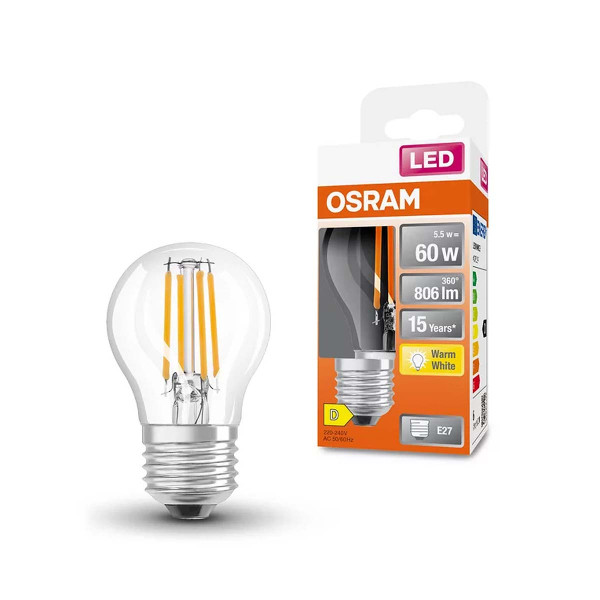 Светодиодная лампа OSRAM LED Classic Performance Filament P40 5,5W 806Lm 2700K 230V E27 Прозрачный (Clear) (4058075434882), 100022538