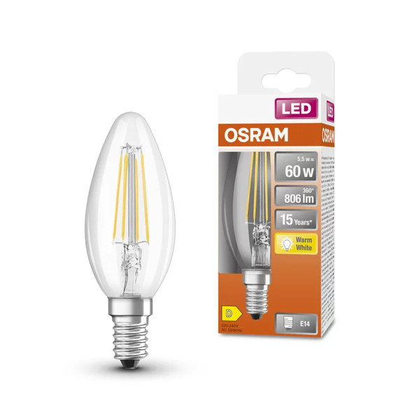 Светодиодная лампа OSRAM LED Classic Performance Filament B40 5,5W 806Lm 2700K 230V E14 Прозрачный (Clear) (4058075434981), 100024136