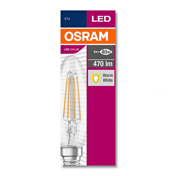 Светодиодная лампа OSRAM LED Classic Performance Filament B35 4W 470Lm 2700K 230V E14 Прозрачный (Clear) (4058075438637), 100020827