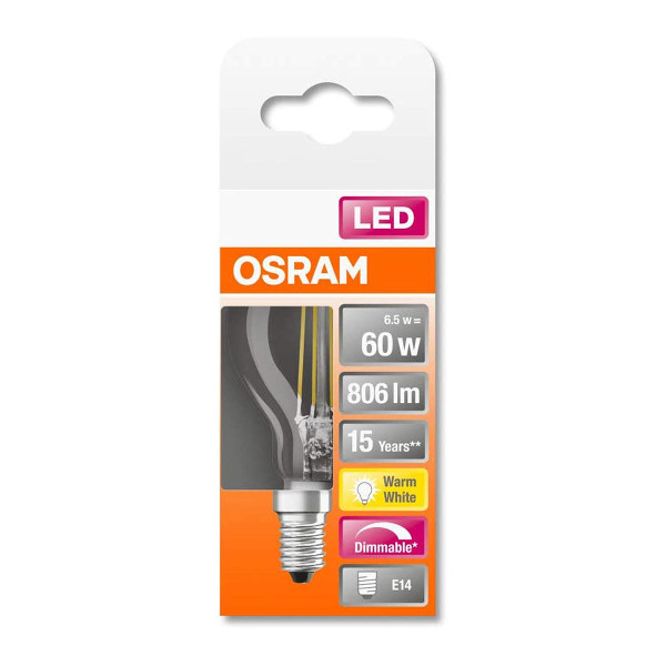 Светодиодная лампа OSRAM LED Classic Performance Filament P45 6,5W 806Lm 2700K 230V E14 Прозрачный (Clear) (4058075447875), 100020834