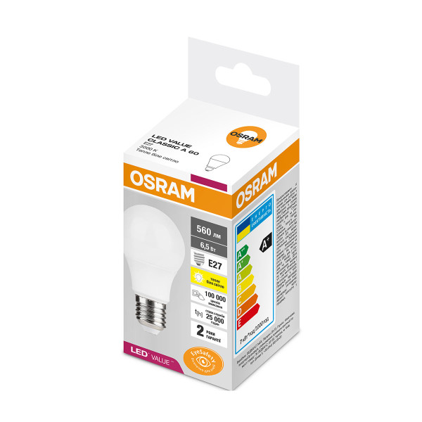 Светодиодная лампа OSRAM LED Classic Value A60 6,5W 560Lm 3000K 230V E27 Матовый (Frosted) (4058075623040), 100022518