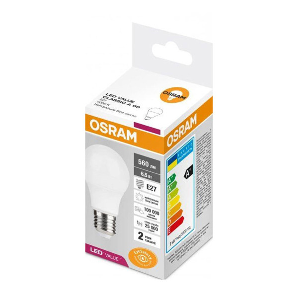 Светодиодная лампа OSRAM Value Classic A60 6,5W 720Lm 4000K 230V E27 Матовый (Frosted) (4058075623071), 100022519