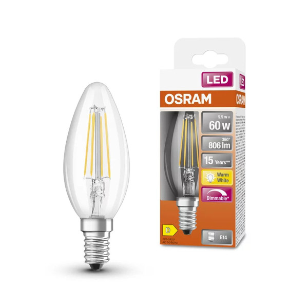 Светодиодная лампа OSRAM LED Classic Performance DIM Filament B35 5,5W 806Lm 2700K 230V E14 Прозрачный (Clear) (4058075654471), 100024099