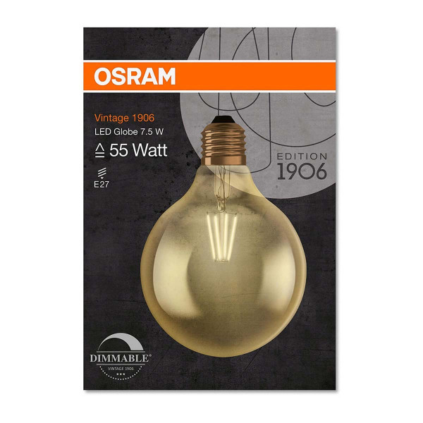 Светодиодная лампа OSRAM Vintage 1906 DIM Globe Filament G125 6,5W 725Lm 2400K 230V E27 Прозрачный (Amber) (4058075808997), 100015247