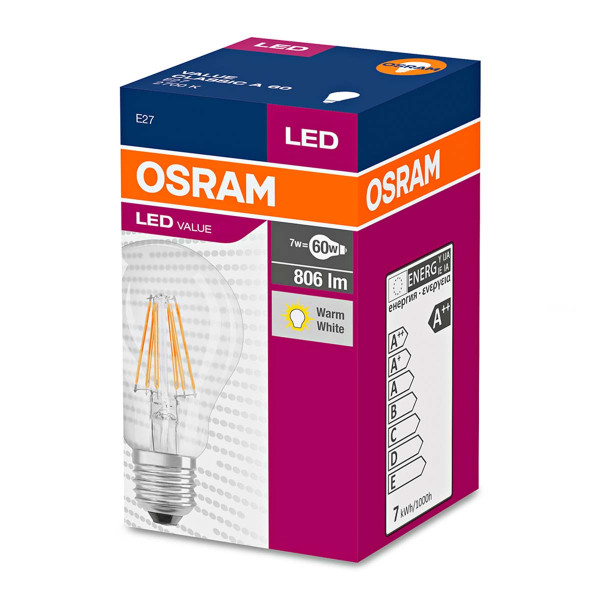 Светодиодная лампа OSRAM LED Classic Value A60 6,5W 806Lm 2700K 230V E27 Прозрачный (Clear) (4058075819658), 100015259