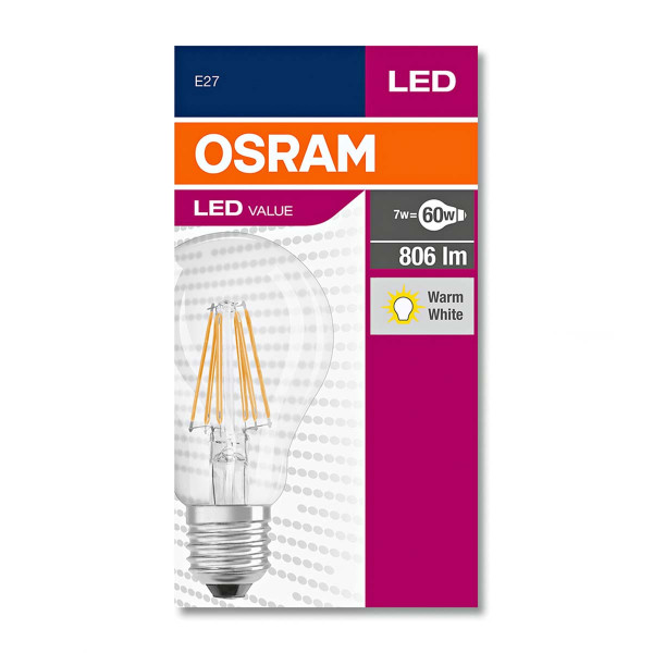 Светодиодная лампа OSRAM LED Classic Value A60 6,5W 806Lm 2700K 230V E27 Прозрачный (Clear) (4058075819658), 100015259
