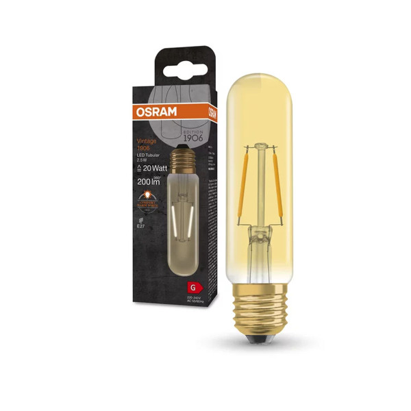 Светодиодная лампа OSRAM Vintage 1906 Tubular Filament T Slim 2,5W 200Lm 2000K 230V E27 Прозрачный (Gold) (4099854091858), 100024141