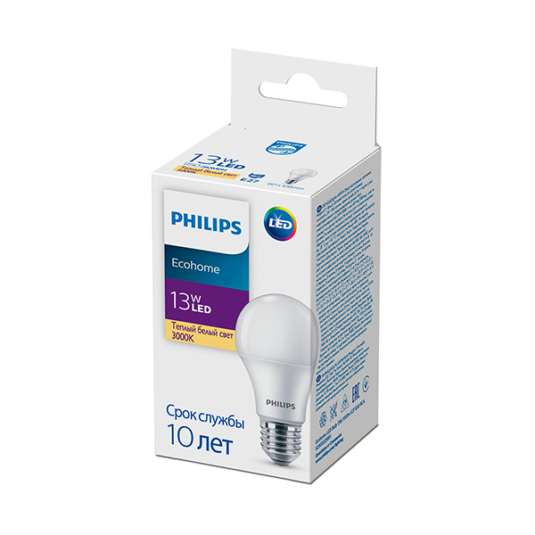 Светодиодная лампа PHILIPS Ecohome LED Bulb 13W E27 1150Lm 830 A60 RCA (929002299517), 100023649