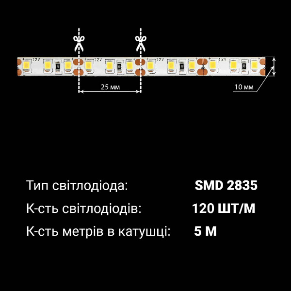 Светодиодная лента OEM ST 120-2835-12V-IP65 9W 900Lm 6000-6500К 5м (ST-12-2835-120-CW), 100014485