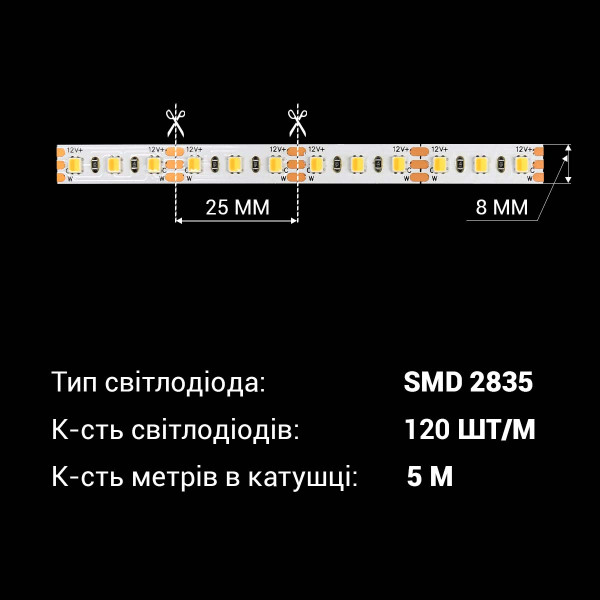 Светодиодная лента OEM ST 2835-120-12V-IP20 17W 1500Lm 2800-7500K 5м (ST-12-2835-120-DCCT-20), 100022693